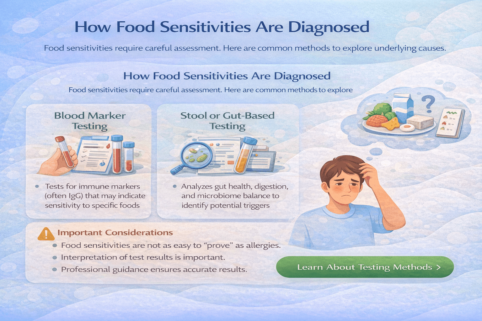 How food sensitivities are diagnosed illustration: blood marker testing and stool or gut-based testing
