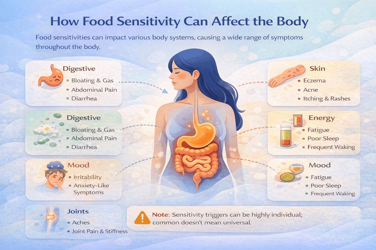 How food sensitivity can affect the body illustration showing digestive, skin, energy, mood, and joints