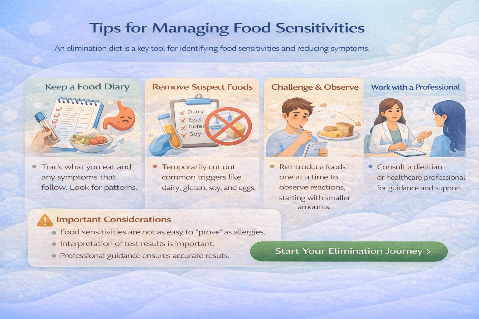 Tips for managing food sensitivities illustration: food diary, remove suspect foods, observe, work with a professional