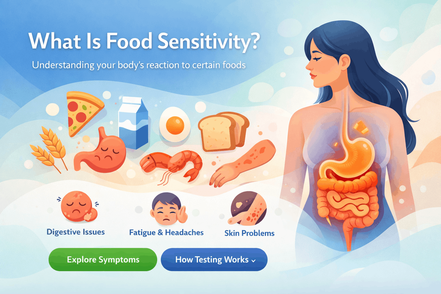 What is food sensitivity illustration: digestive, fatigue, headaches, and skin problems