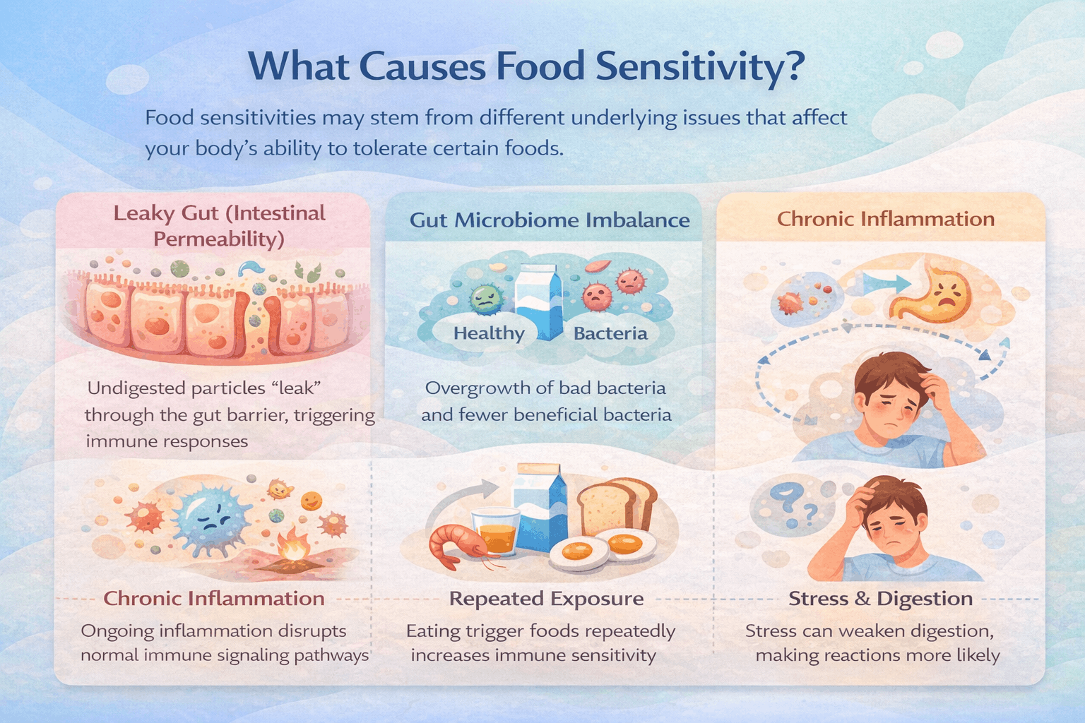 What causes food sensitivity illustration: gut barrier, microbiome, inflammation, repeated exposure, stress and digestion